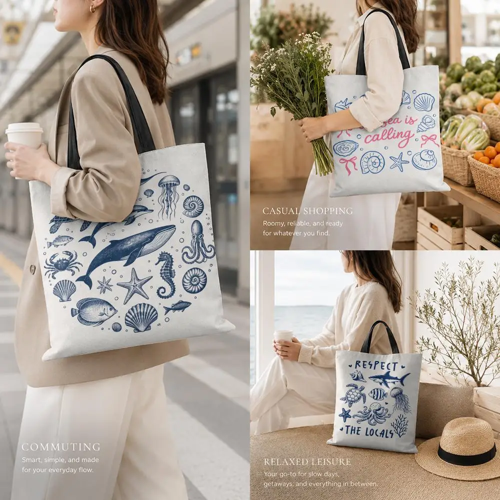 Retro Sea Creatures Storage Bags Canvas Tote Bag Large Capacity Reusable For Shopping Commute Grocery Shoulder Bag Gift