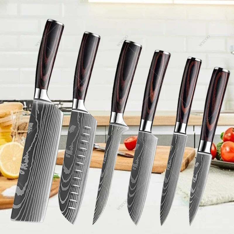 Colorful Wooden Handle Set 6-piece Chef Knife Kitchen Knives Cooking All-purpose Japanese Santoku Knife Fruit Peeling Knife