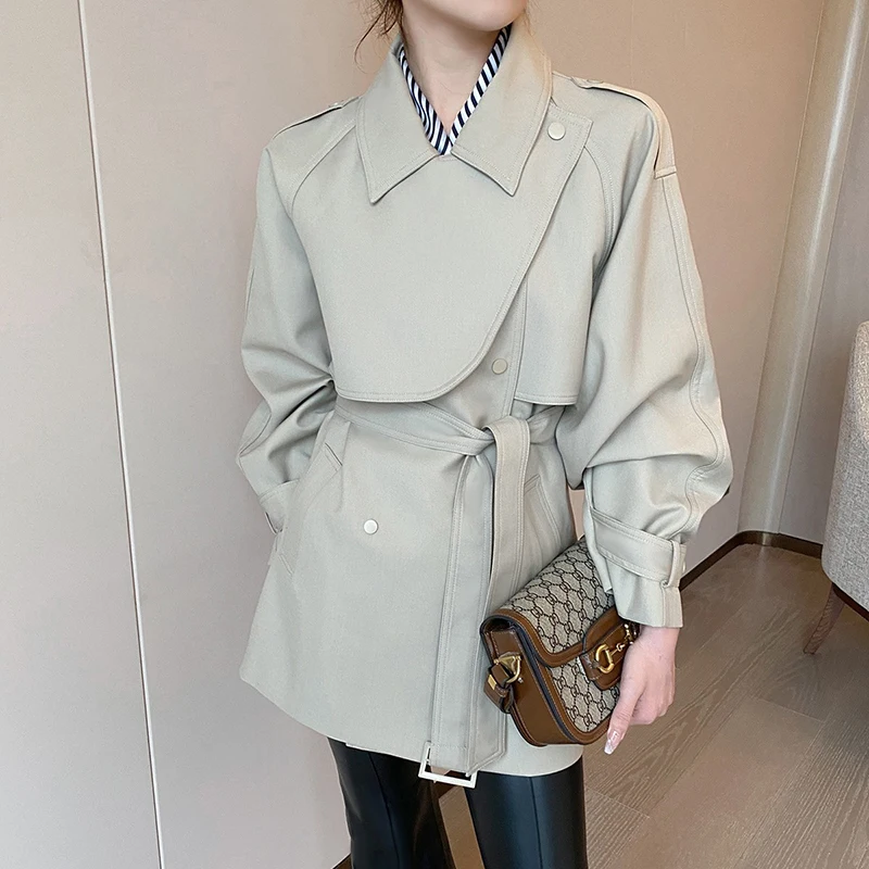 Spring new cape windbreaker raglan sleeve belt coat women's design sense medium length waistband drawstring commuting coat