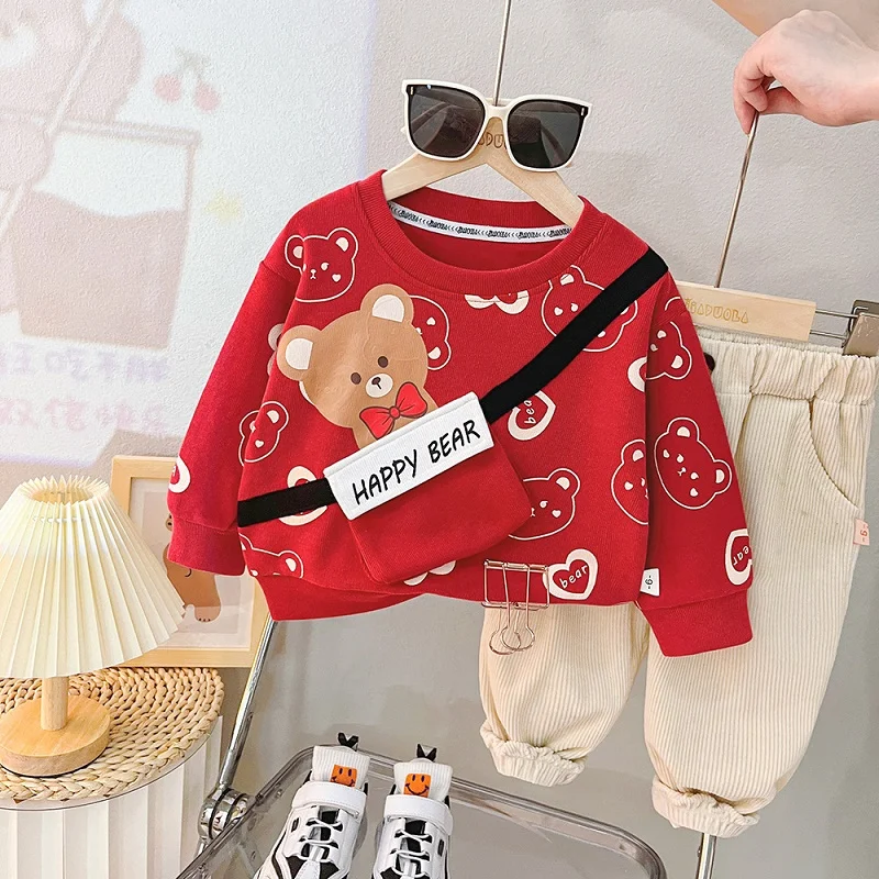 

Children's clothing baby cartoon teddy bear long sleeved set, pure T-shirt+pants two-piece casual and minimalist sports set