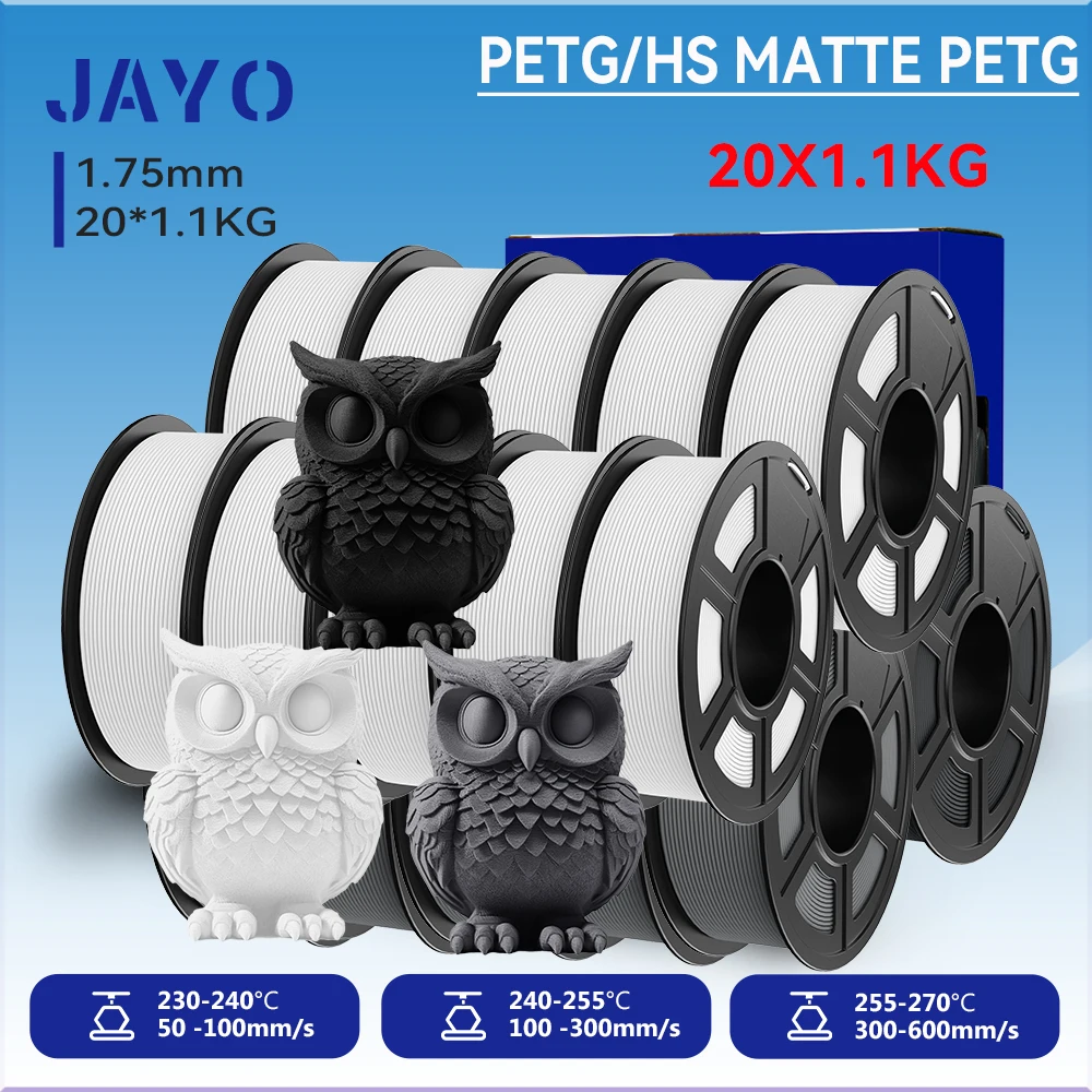 

JAYO 20Rolls 3D PETG / High Speed Matte PETG 3D Filament 1.75mm 30mm/s - 600mm/s Print Range PETG 3D Printer Filament for 3D