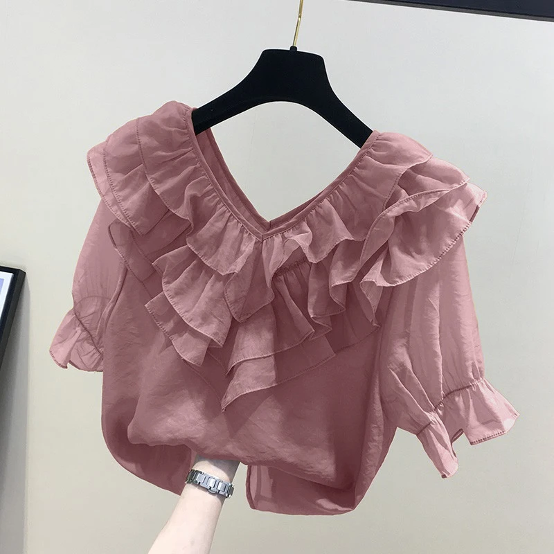 

Summer New Women Solid Ruffle Blouse Vintage V-Neck Chemise Office Chiffon Shirts Female Casual Loose Stitching Tops