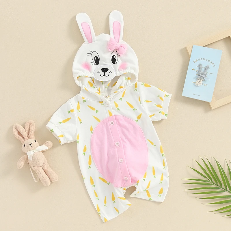 

Newborn Baby Girl Easter Outfits Bunny Romper Short Sleeve Carrot Print Button Hooded Jumpsuit