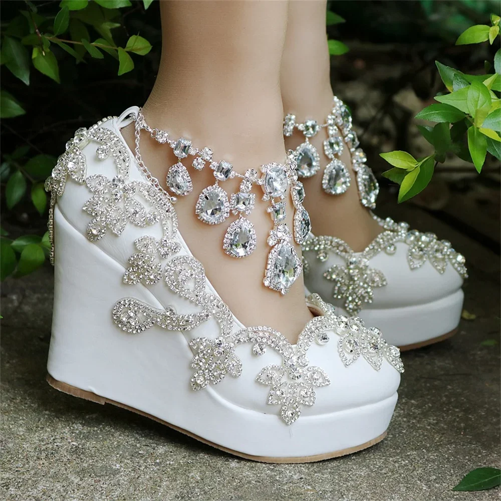 Rhinestone Bride Wedding Shoes Woman Ankle Strap Wedges High Platform Pumps High Heels Party Rhinestone Round Toe Wedges 11 CM