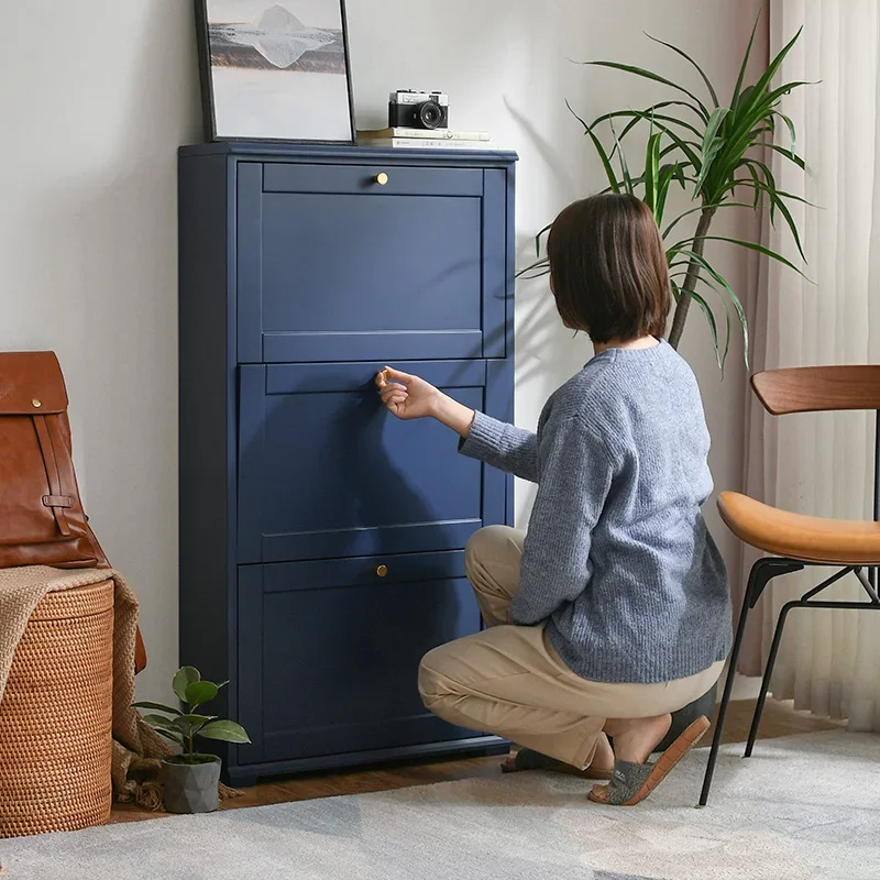 Ultra-thin shoe cabinet, extremely narrow integrated against the wall after entering the door, cream wind solid wood  tipping