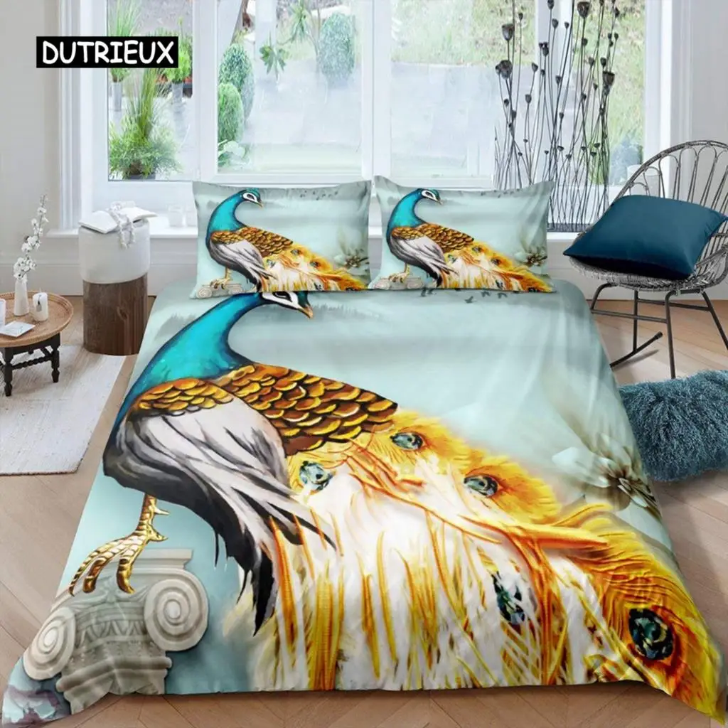 Funda nórdica de pavo real para habitación de adolescentes, edredón de poliéster con diseño de pájaros exóticos, animales, plumas, mariposas y flores, juego de cama King para niñas