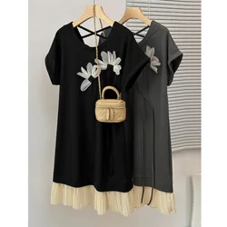 Casual Patchwork Hollow Out T Shirt Dress Summer New Short Sleeve Solid Loose Contrast Mini Dress Fashion Vintage Women Clothing