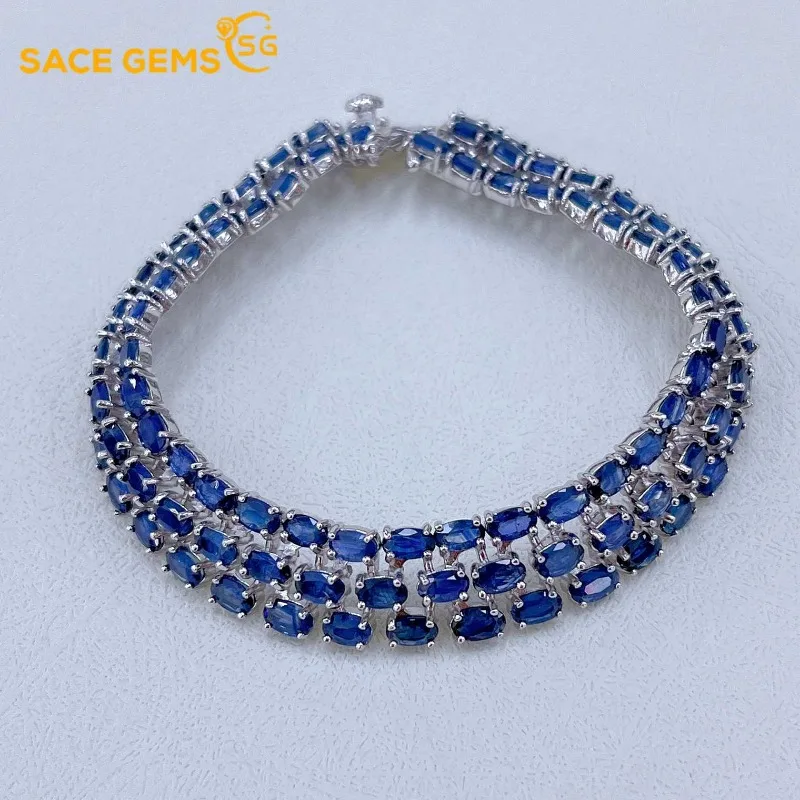 SACEGEMS New 925 Sterling Silver 3*5MM Natual Sapphire Gemstone Bracelrts for Women Engagement Cocktail Party Fine Jewelry