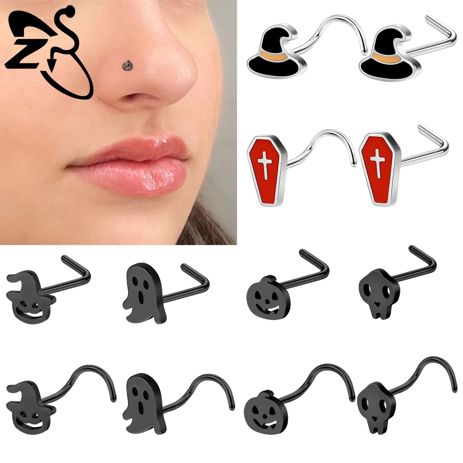 ZS 1Piece 20G Stainless Steel Nose Studs 7MM L/S Shape Nose Piercing Pumpkin Shape Nose Ring Halloween Nostril Piercings Jewelry