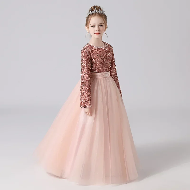 

Baby Girl Princess Christmas Sequin Dresses Long Sleeve Infant Toddler Child Bow Mesh Vintage Winter Party Evening Gown 2-14Y