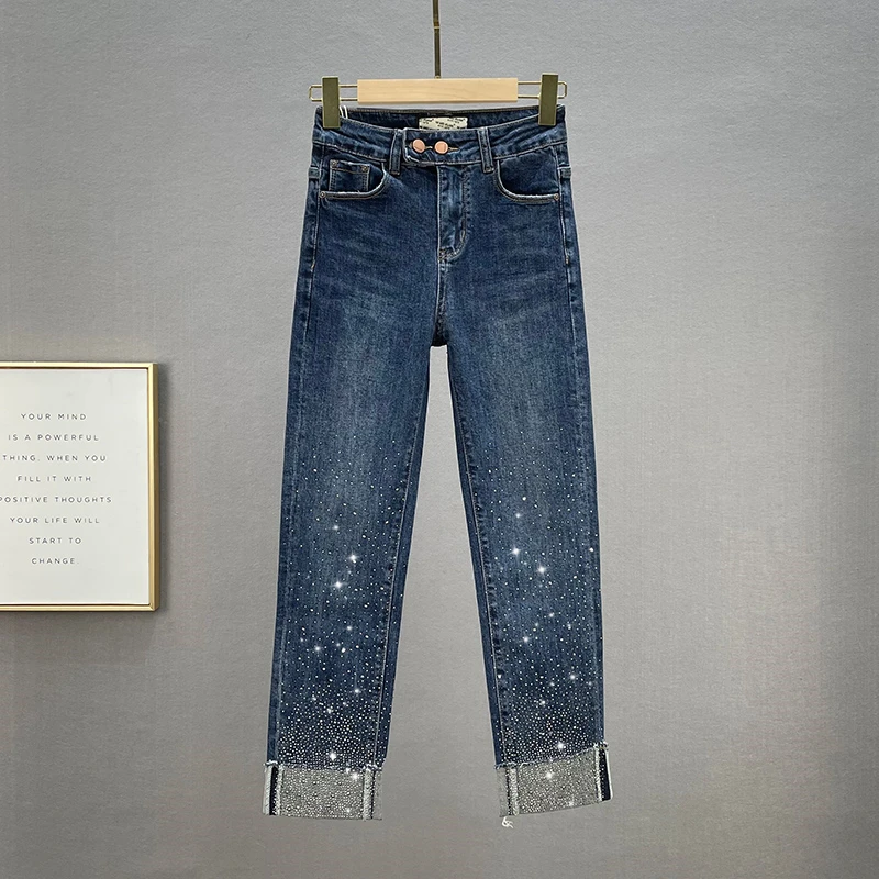 

Deep Blue High Waist Women's Jeans Spring Autumn Straight Leg Nine Pointed Pants Diamond Stamping Flip Cotton Stretch Denim