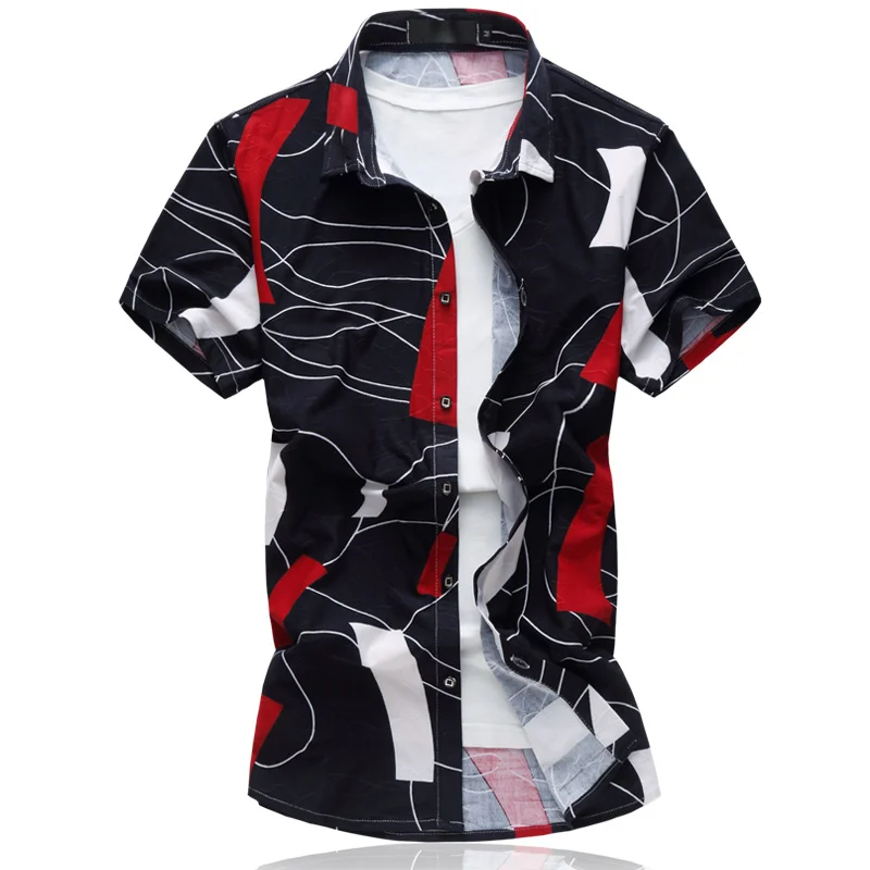 Brother Wang Summer Men's Casual Shirt Fashion Geometric Printing Slim Stretch Brand Business Leisure Large Size Clothing