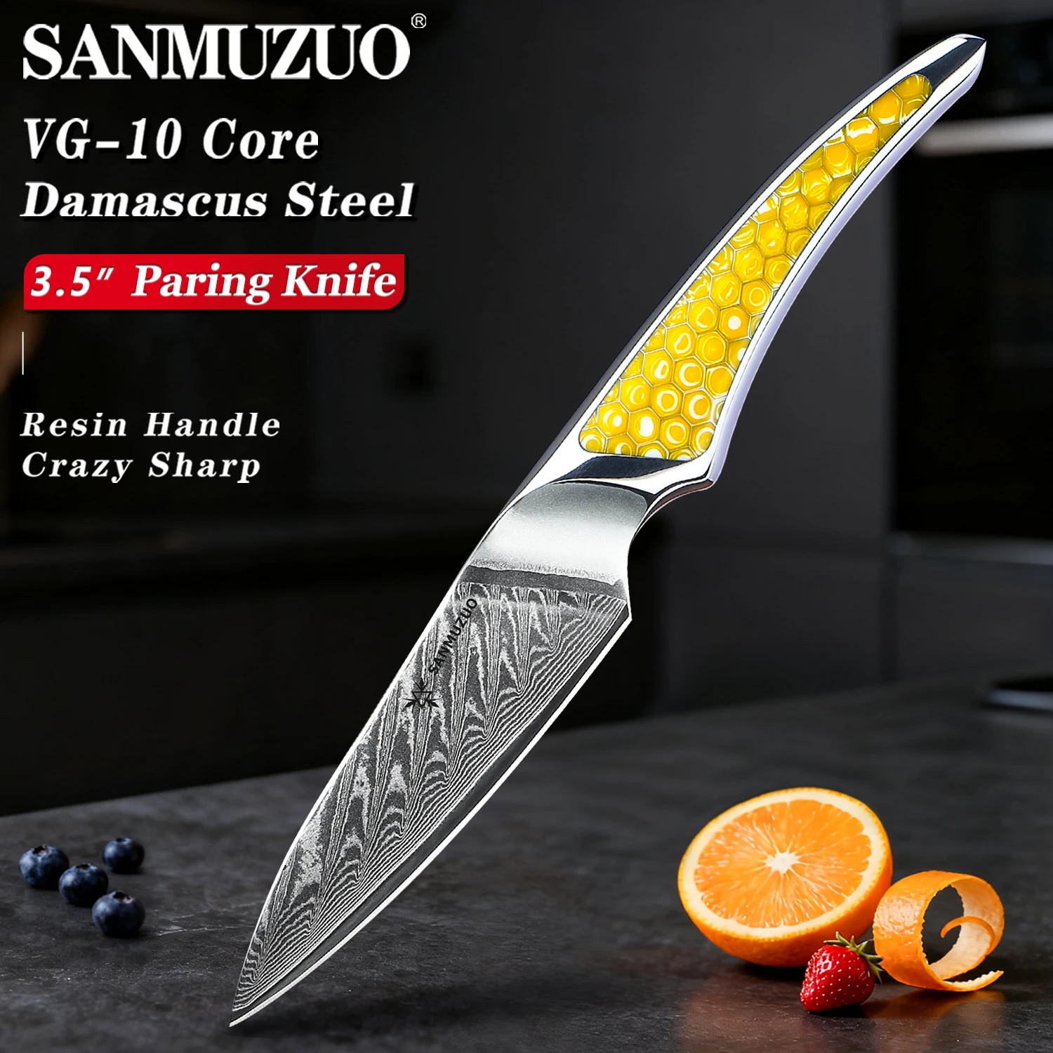 

SANMUZUO 3,5-дюймовый нож для очистки овощей - серия LAS9 - кухонный нож из дамасской стали с ручкой из смолы для нарезки фруктов и овощей