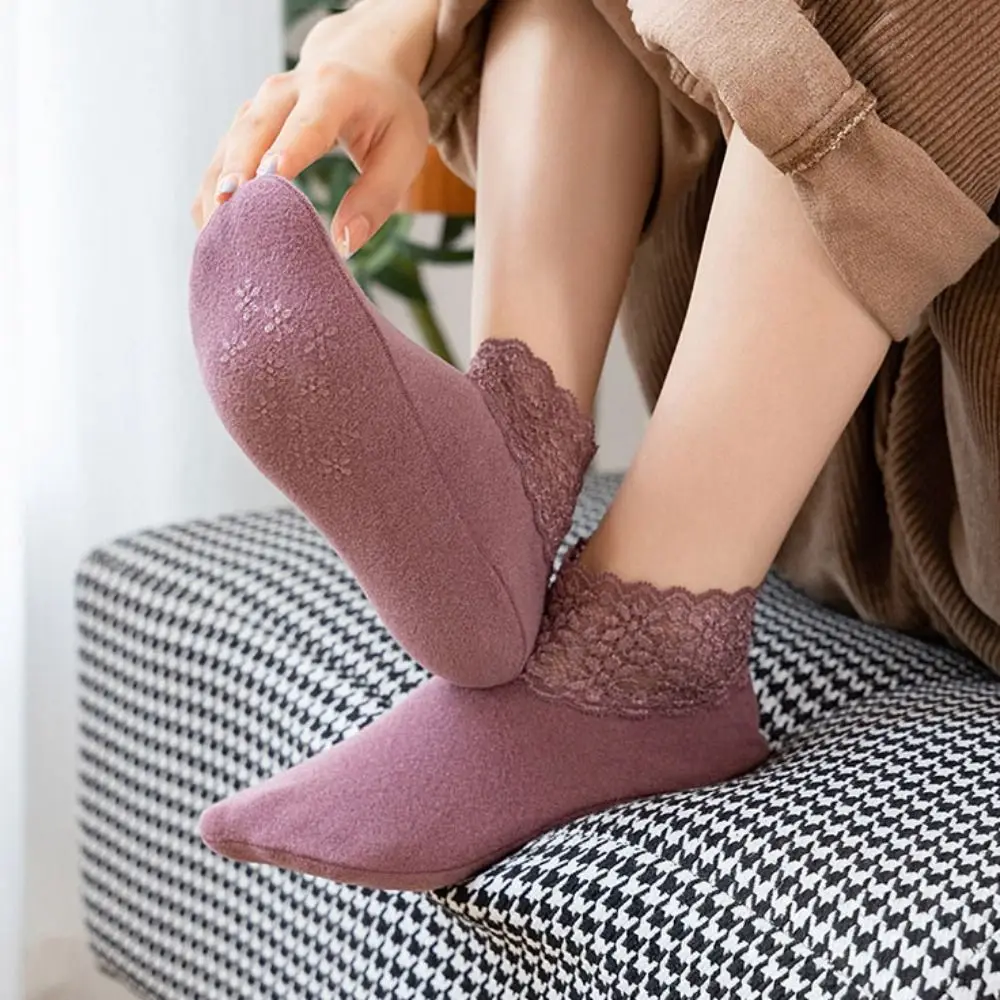 10Pairs Sweet Solid Color Winter Floor Shoes Non-slip Thicken Lace Socks Hosiery Female Warm Socks Unisex