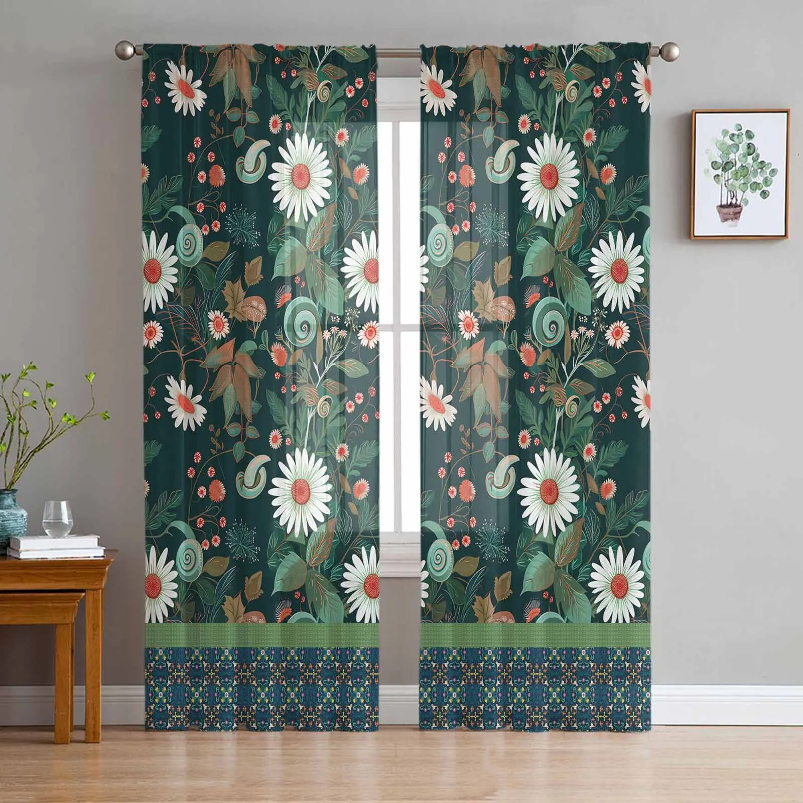 Green Flower Plant Retro Sheer Tulle Curtains for Living Room Valance Curtains Kitchen Bedroom Window Voile Drapery