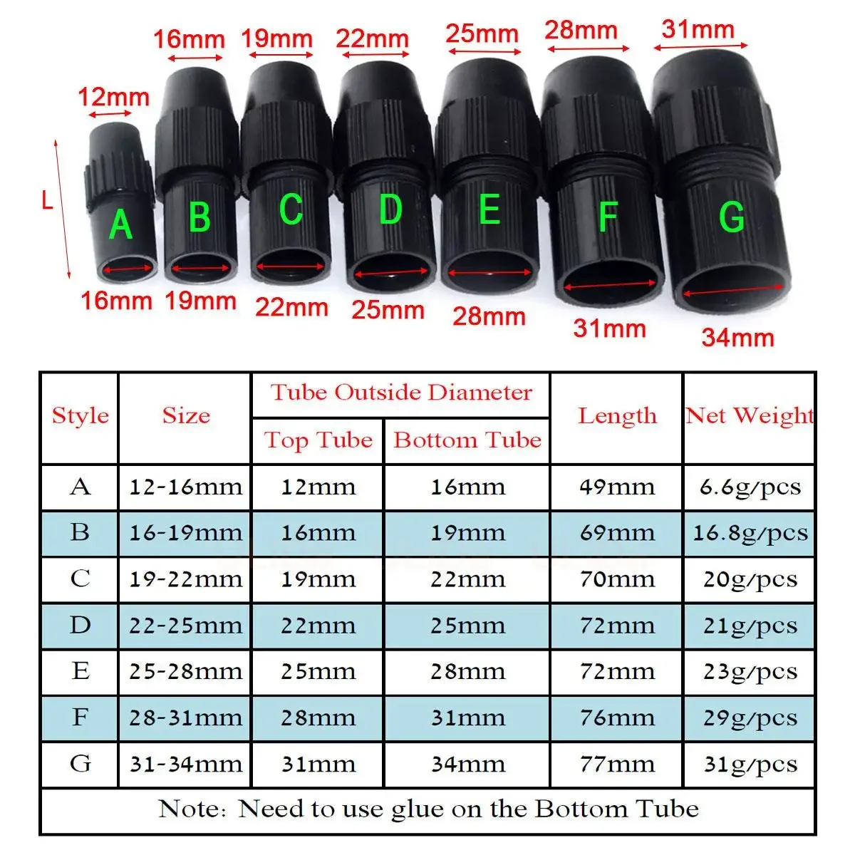 2PCS 16 34mm Plastic Telescopic Tube Joint Connector Locator Holder Pipe Lock Buckle Clamp for Carbon Fiber Tube, CFK Rohre