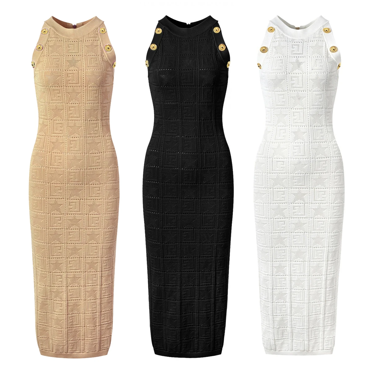 

SML High Quality Three Color Fashion New Knitted Elastic Fabric Hollow Pattern Sleeveless Button Slim Fit Women's Dress