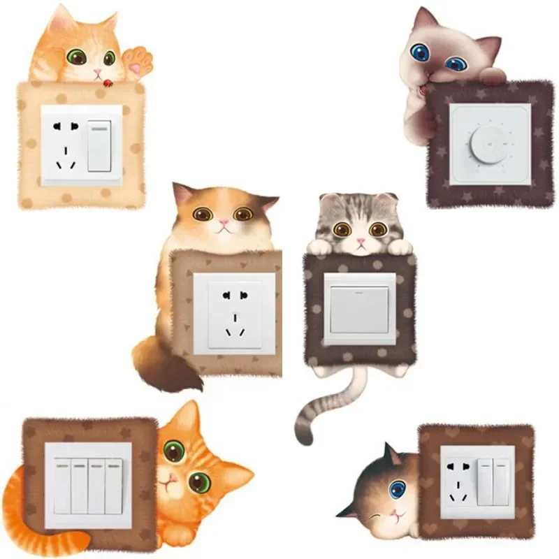 2025 HOT 6PCS Cute Kitten Switch Stickers Socket 3D Cats Creative Decorative PVC Wall Sticker Home Decoration Bedroom Parlor