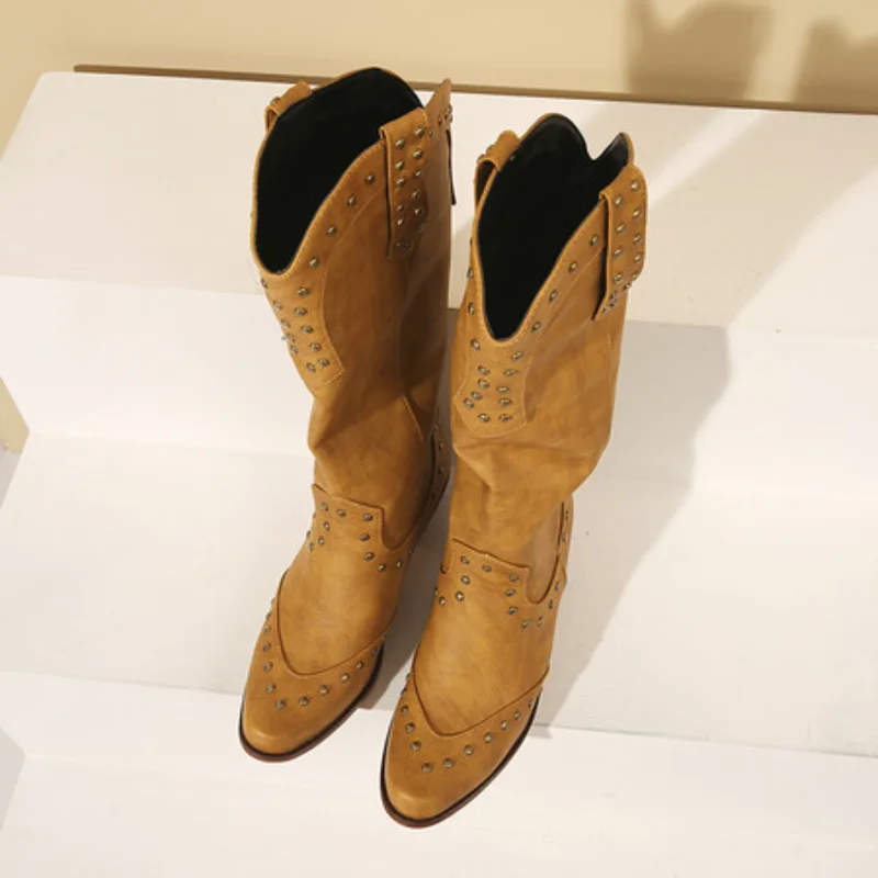 2025 Womens Western Boots Mid-Calf Big Size Fall Spring Winter Shoes with Rivets Lady Brown 40 41 42 43