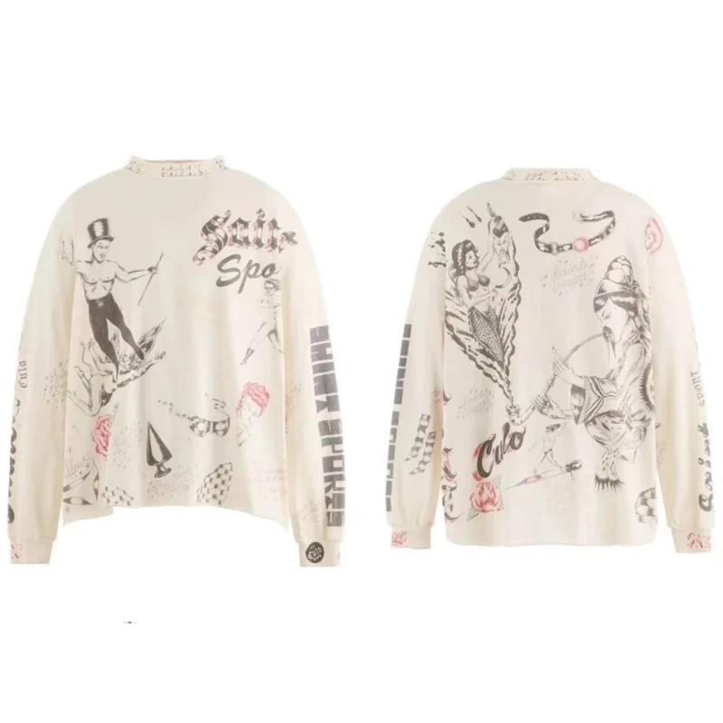 

Хип-хоп мультфильм графика граффити Святая футболка с длинными рукавами для мужчин и женщин цементная белая футболка большого размера из 100% хлопка топы бирки