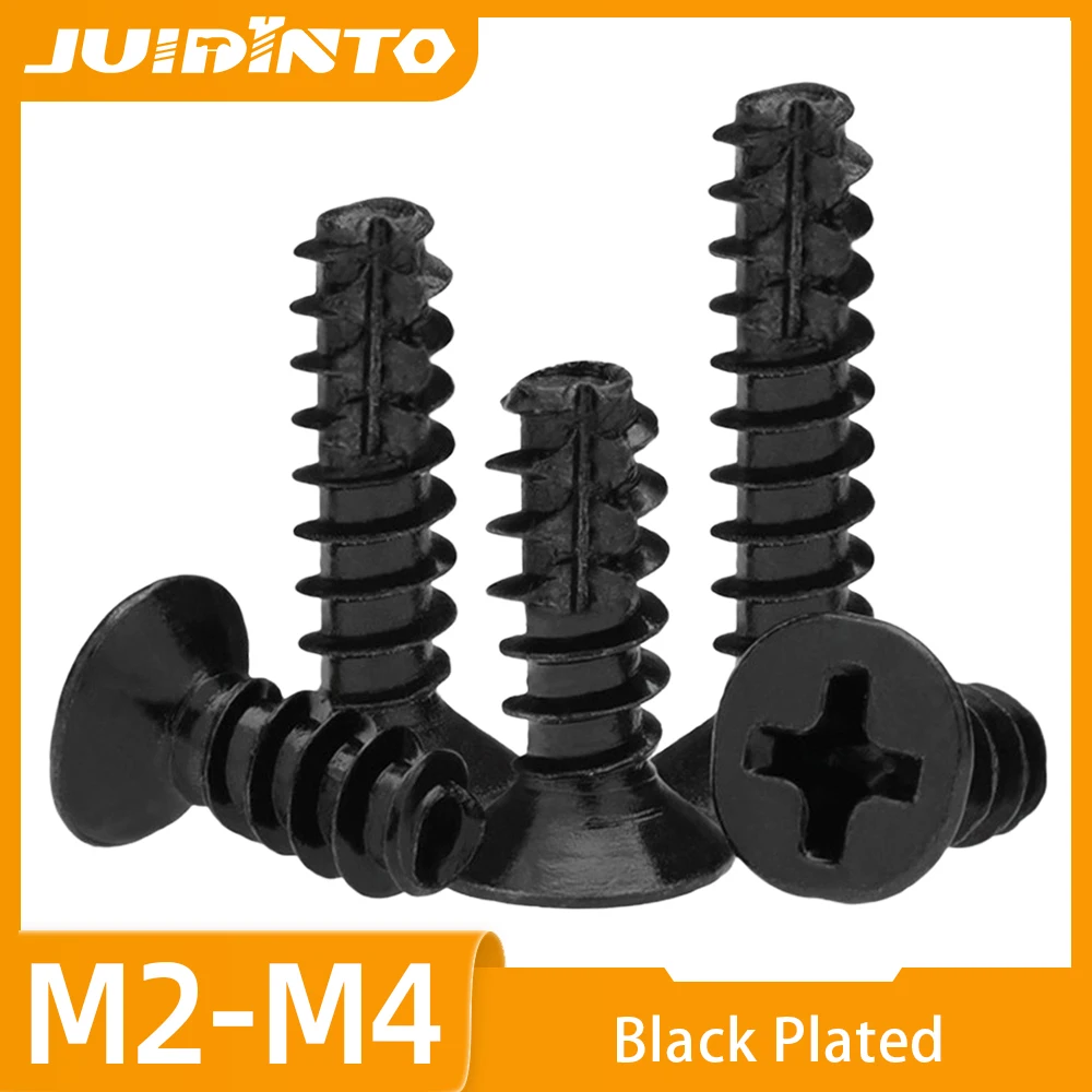 30-100pcs/bag Black Plated KT Cross CSK Head Screws M2 M2.3 M2.6 M3 M3.5 M4 Phillips Flat Head Cutting Tail Self-Tapping Screws