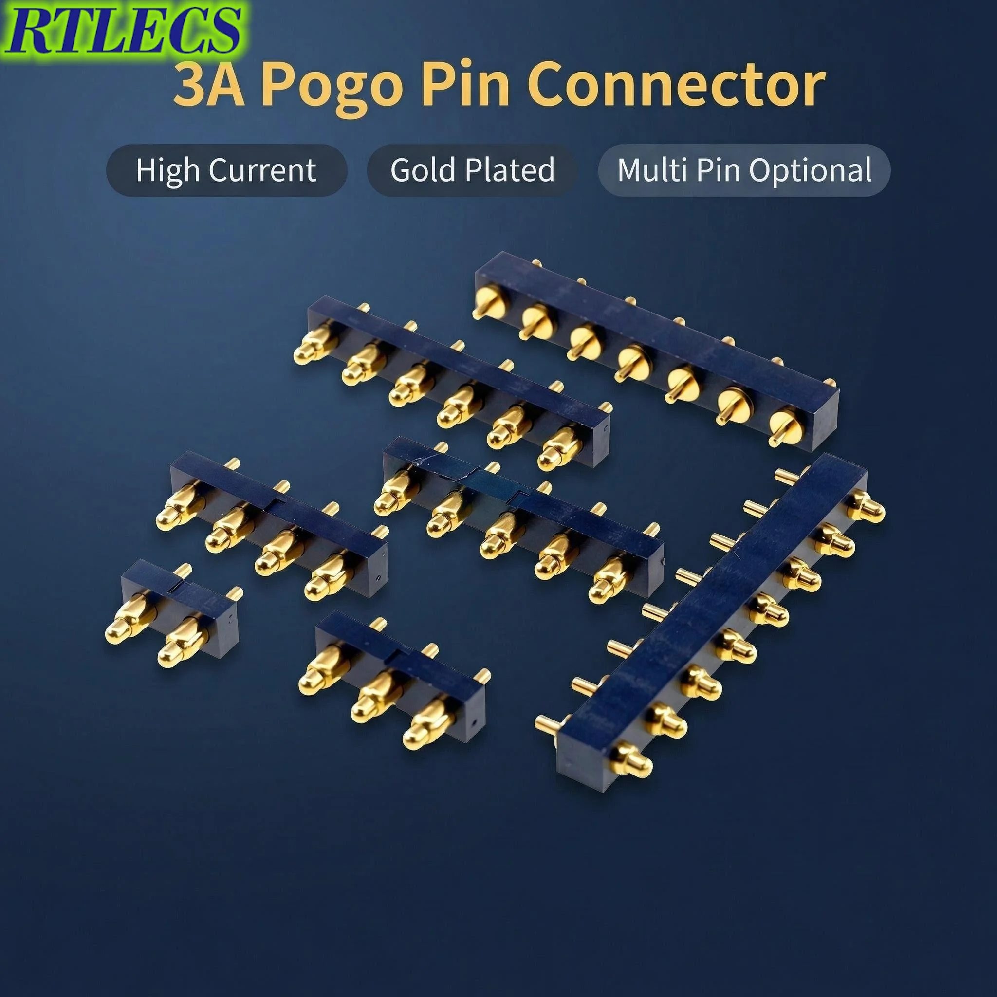 Spring Loaded Pogo Pin Connector 3A High Current 3.0mm Pitch DIP Male Header Probe Gold Plated through Holes 2-8 Pins Options