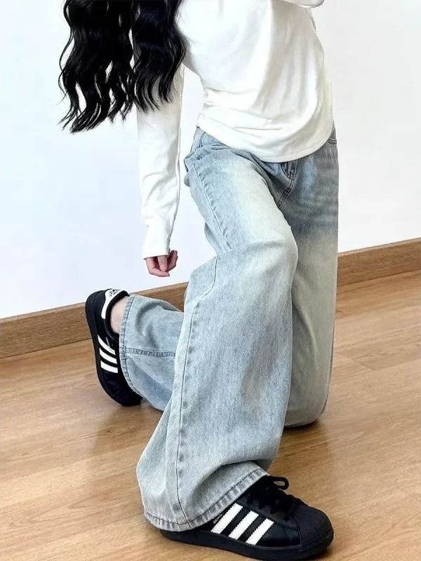 Washed Vintage Low Waist Wide Leg Casual Pants Blue Denim Jeans for Small Figures High School And Junior College Students