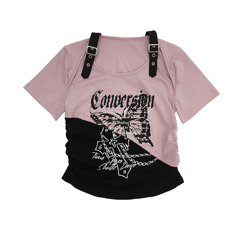 Y2K Sottocultura Off-the-spalla Splicing Estate Nuova T-shirt a maniche corte Ragazza Dolce Fresco Girocollo Versatile Top che riduce l'età