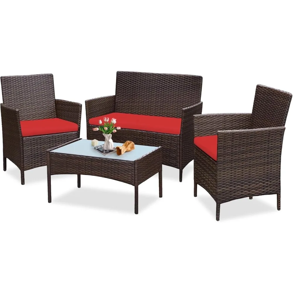 

4 Piece Outdoor Wicker Patio Conversation Furniture Set, Rattan Chair Wicker Sofa Garden Conversation Sets with Cushion
