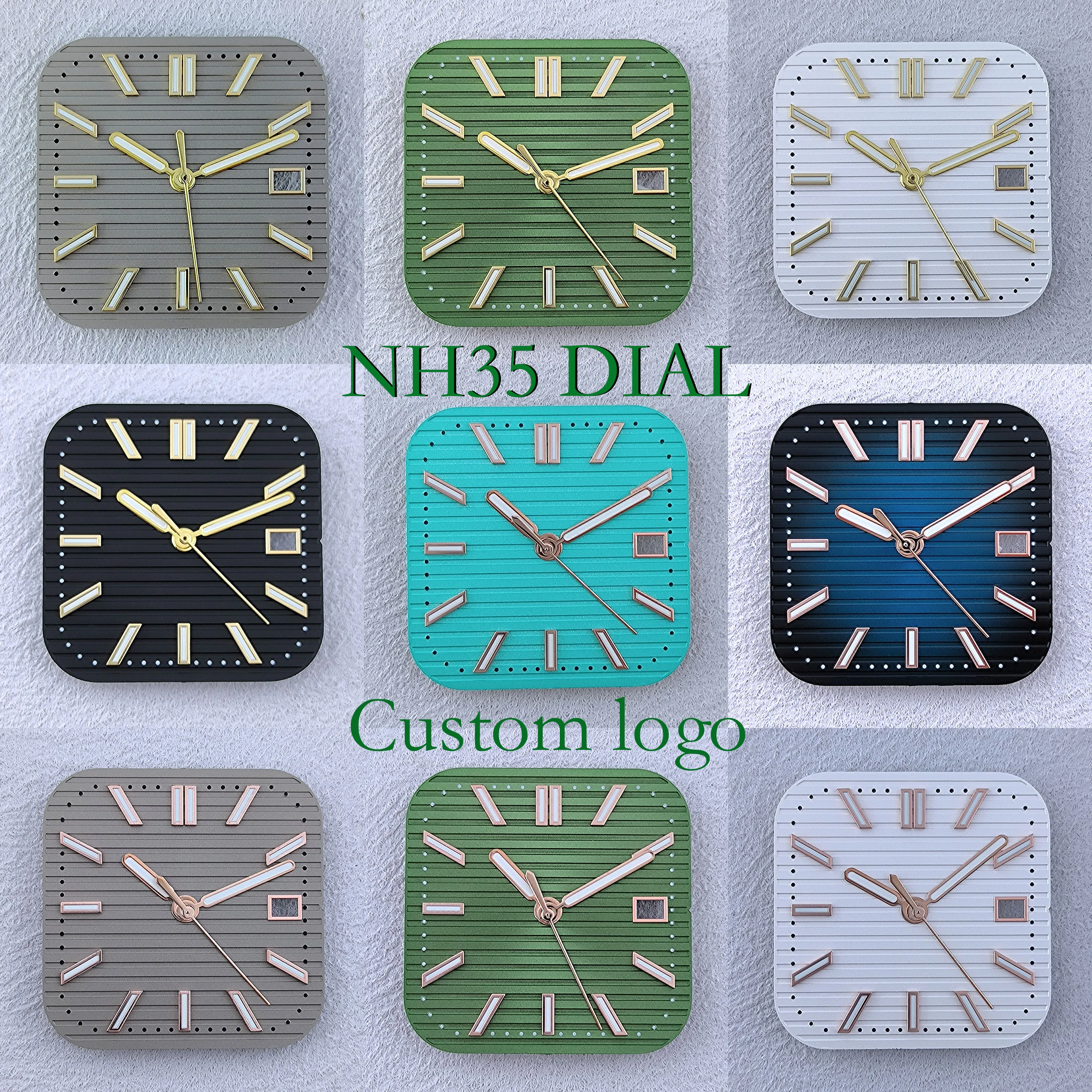 

Циферблат NH35, квадратный циферблат, индивидуальный логотип, циферблат часов 29,5 мм, зеленый светящийся, подходит для NH35/NH36, инструмент для ремонта аксессуаров для часов с механизмом