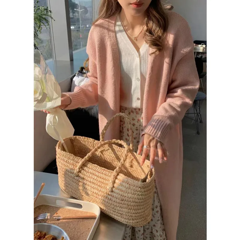 

Women's Mid-Length Pure Wool Knitted Cardigan Over-Knee Outerwear Korean Lazy Sle Autumn Winter New Camere Sweater Coat