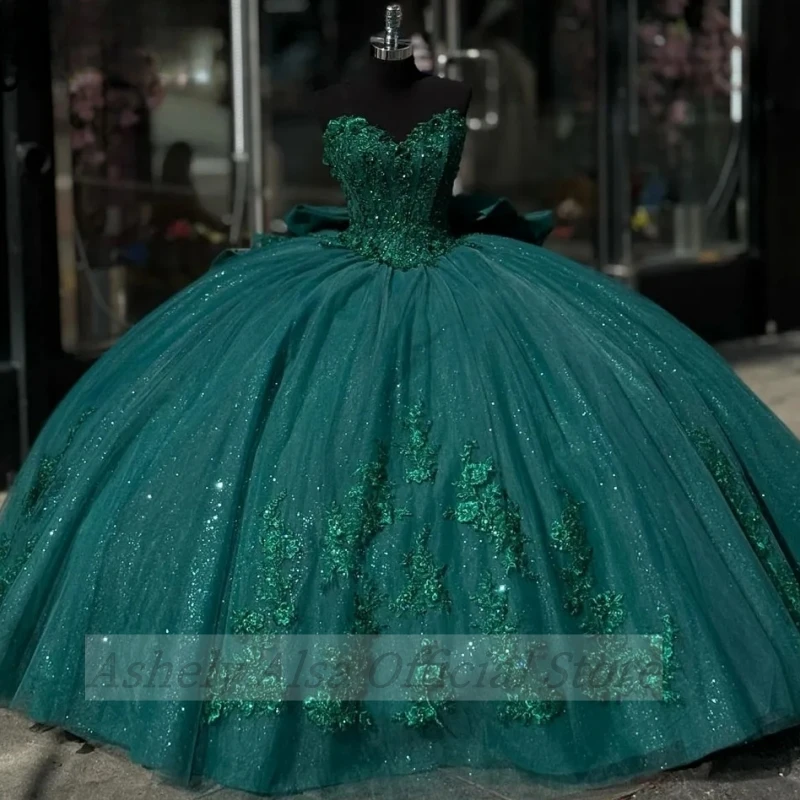 Vestido De quinceañera verde esmeralda, Apliques De encaje, corsé, fiesta De cumpleaños, graduación, 15, 16