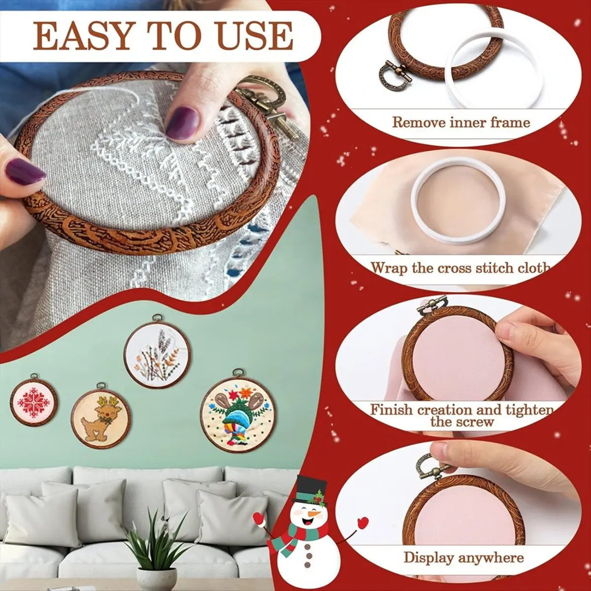 6 Size Imitated Wood Round Embroidery Hoops Frame with 16 Needles-Circle Rubber Hoops Ring for Craft Sewing DIY Hanging