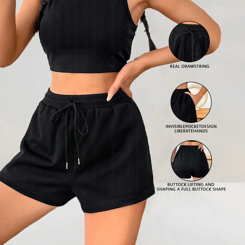 

High Waist Drawstring Sports Shorts for Women Elastic Waist Loose Fit Summer Beach Gym Yoga Running Activewear with Pockets