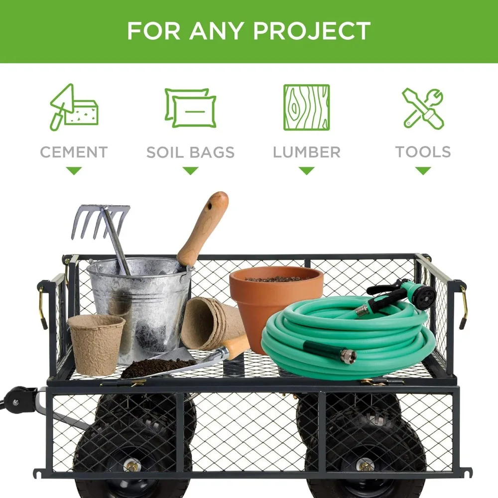 รถเข็นสวนเหล็กสำหรับงานหนัก รับน้ำหนักได้ 400 ปอนด์ ด้านข้างถอดออกได้ เหมาะสำหรับงานขนย้ายระยะไกลในสวนและสนามหญ้า