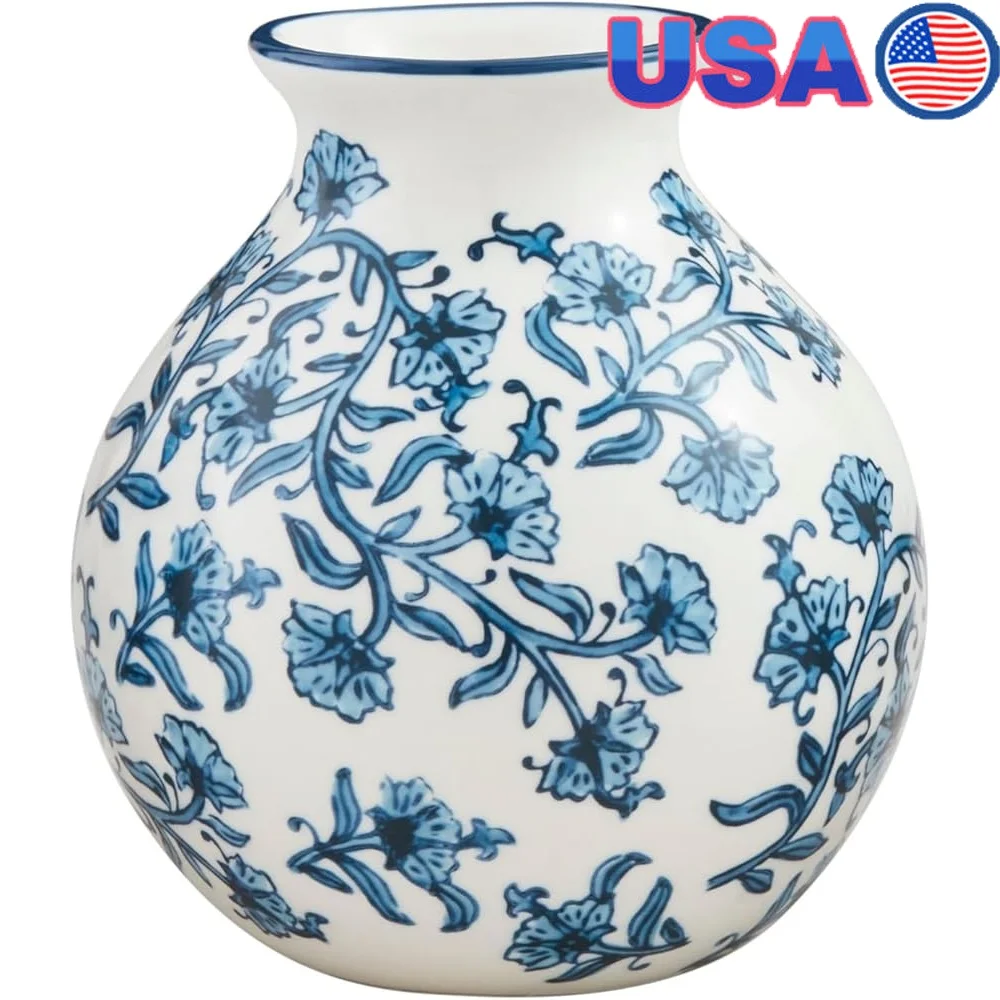 

Handcrafted Stoneware Flower Vase 7 Inch Decorative Bud Vase with Intricate Hand-Stamped Design and Hand-Painted Rim Home Decor