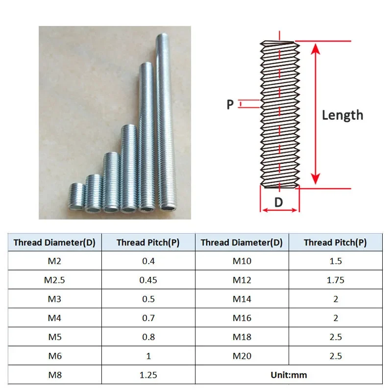 メートルねじ付きバーねじ,亜鉛メッキボルト,m3,m4,m5,m6,m8,m10,m12,1〜20個