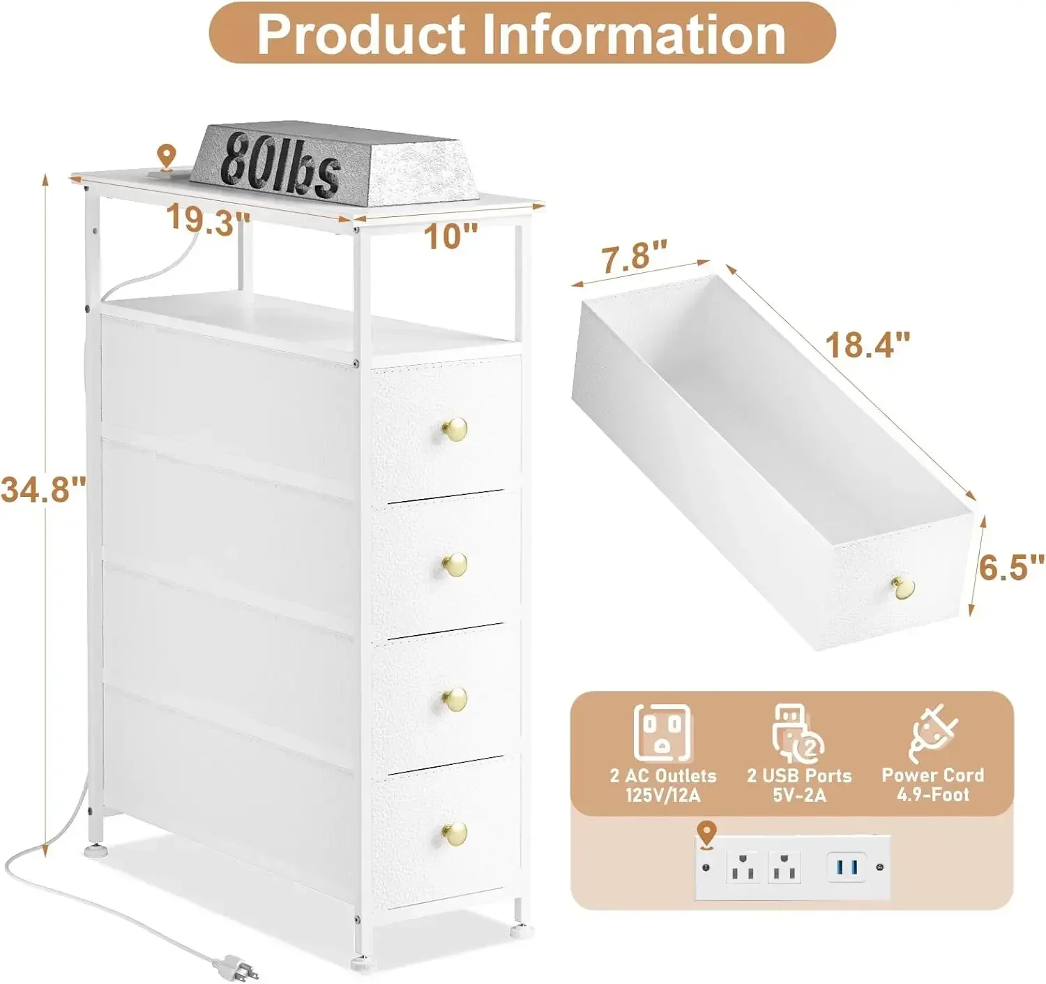 Narrow Dresser with Charging Station, Slim White Dresser with 4 Fabric Drawers, Slim Chest of Drawers with Steel Frame (White)