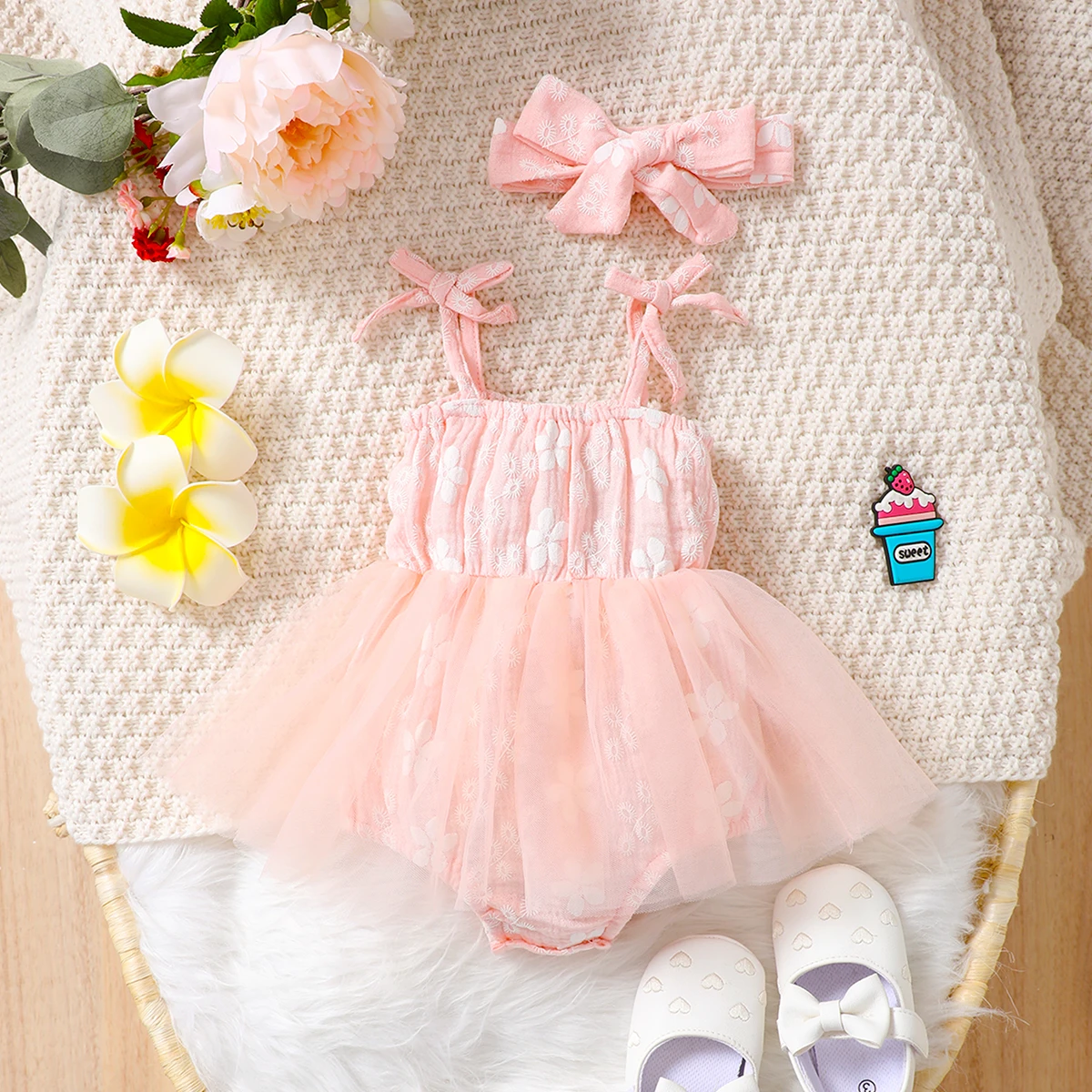 0-18 Months Newborn Baby Girl Fashion Cute Bodysuit Floral Suspender Mesh Skirt Jumpsuit+Headwear Toddler Girl Summer Romper