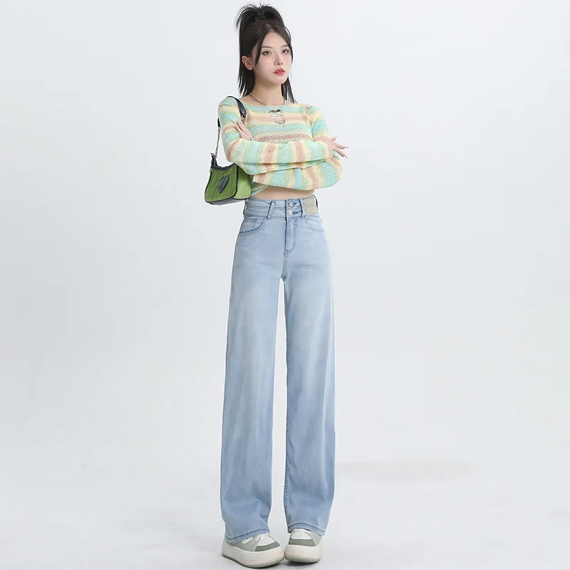 

Удобные женские прямые джинсы для отдыха, новые утягивающие широкие джинсовые брюки с высокой талией, свободные европейские и американские универсальные брюки