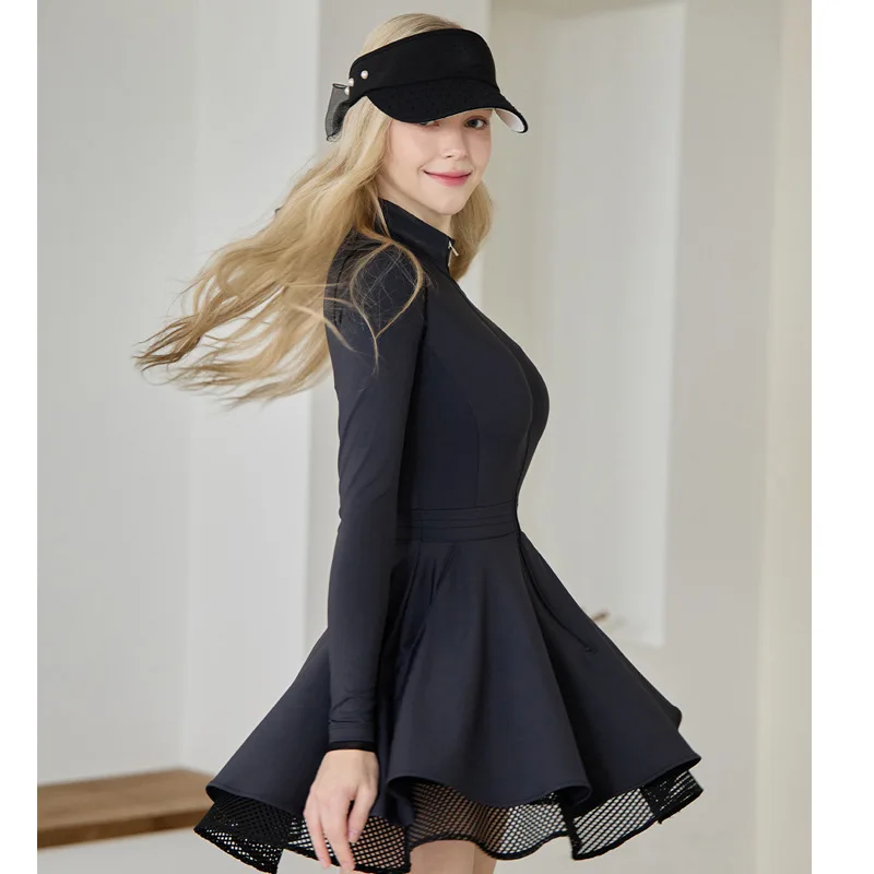 LEOSOXS 여성용 골프 긴팔 슈트 여성용 지퍼 칼라 테니스 드레스 피트니스 요가 러닝 빠른 건조 야외 체육관 스포츠 드레스