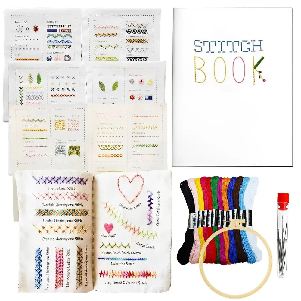 1 Set Embroidery Stitch Practice Book Kit, 24 Colors Thread, Hoop & Needles, DIY Hand Sewing YMY