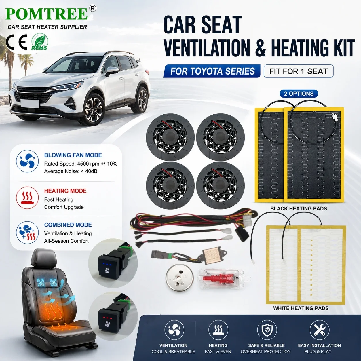 

Built-in Car Seat Ventilation and Heating System Kit Fit 1 Seat, Includ 4 Fans & 3-level Control Switch For Toyota Camry Corolla