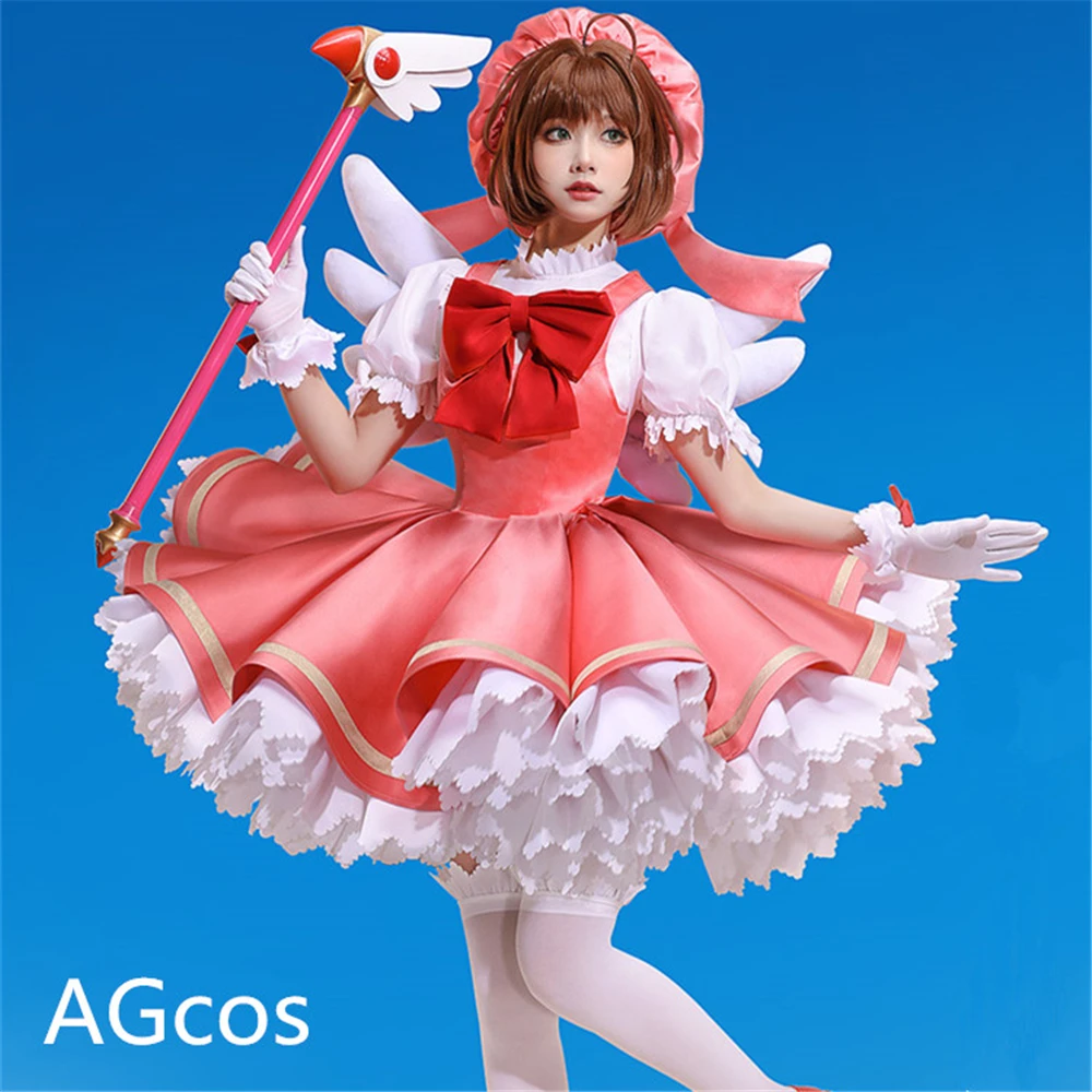 AGCOS Card Captor KINOMOTO SAKURA Lovely White and Red Dress Cosplay Costume Woman Lolita Dress