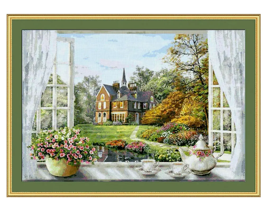 Fishxx Cross Stitch Kit Precision Printing C1678 Window Scenery Villa Full Embroidered Living Room Hanging Pictures