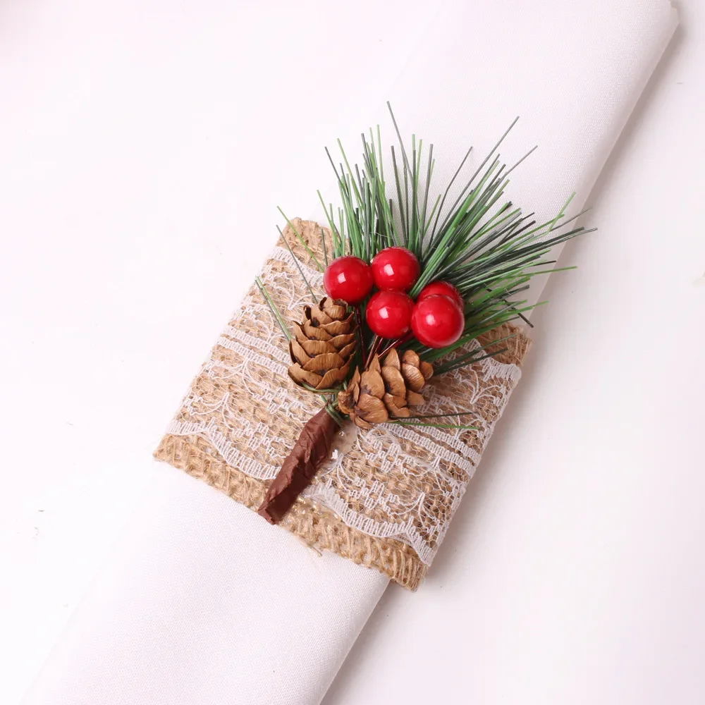 

10PCS Burlap Napkin Rings, Rustic Napkin Buckle Handmade Pine Cones Berries Christmas Wedding Thanksgiving Dinner Table Decor