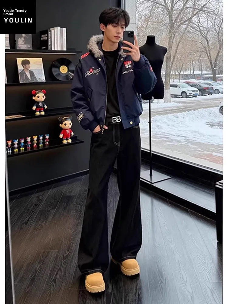 

Мужские джинсы Cleanfit с утолщенной флисовой подкладкой, расклешенные, с высокой талией, прямого кроя, в американском ретро-стиле, повседневные, удобные