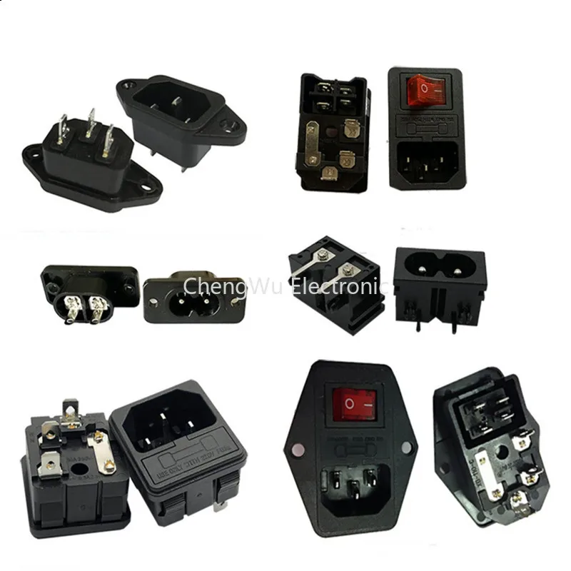 1pc IEC320 C14 Power Socket With Rocker switch 3 Pin Red LED 250V 10A Fuse Female/Male Inlet Plug Connector 2 holes Socket Mount