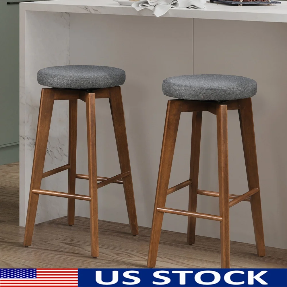

Set of 2 Walnut Wood Barstools with Gray Upholstered Seat 360-Degree Swivel Backless Design Kitchen Dining Indoor Use
