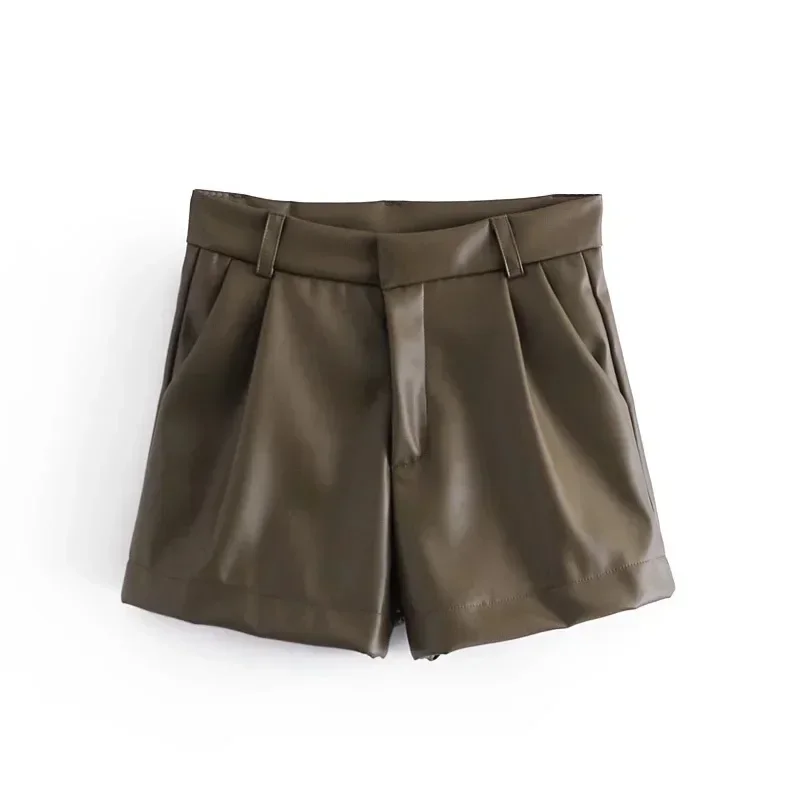2024 Women Fashion Faux Leather Shorts High Waist Side Pockets Vintage Zipper Fly Female Wide Leg Shorts Streetwear Ropa